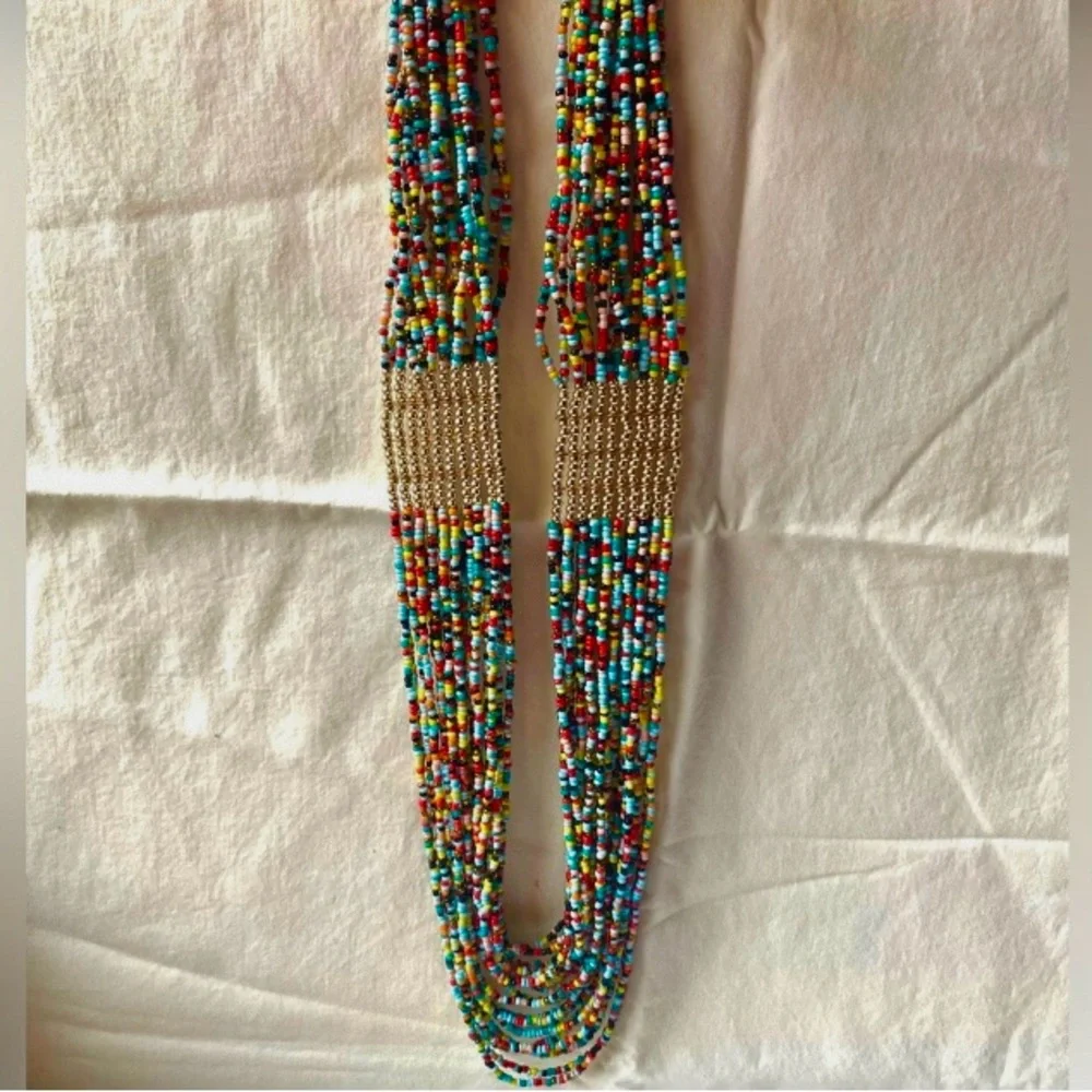 Beautiful Multicolored & Gold 20 Strand Seed Bead Statement Necklace 27”